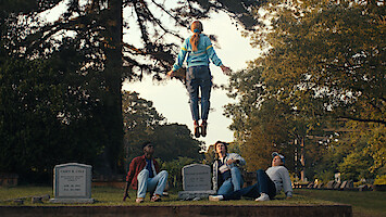 Caleb McLaughlin as Lucas Sinclair, Sadie Sink as Max Mayfield, Joe Keery as Steve Harrington, Gaten Matarazzo as Dustin Henderson in 'Stranger Things' Season 4.