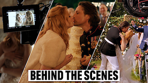 From left to right, a triptych of a camera monitor filming Jenny Cooper and Alexandra Breckenridge on set, Jack and Mel kissing in front of their wedding cake, and Jack and Mel embracing after the ceremony.