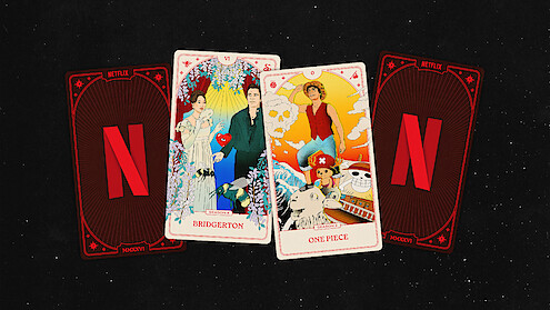 Four playing cards on a black background, two show Netflix logo backs, while two face cards depict illustrated scenes from Bridgerton and One Piece with main characters and vibrant themed backgrounds.