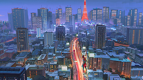 Production design sketch of Ken Sato as Ultraman (Christopher Sean) and Baby Emi in the streets of Tokyo by Ryo Yambe.