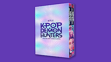 A deluxe screen comic box for Netflix's "Kpop Demon Hunters" is shown against a solid purple background, with iridescent pastel patterns and bold purple text on the cover.