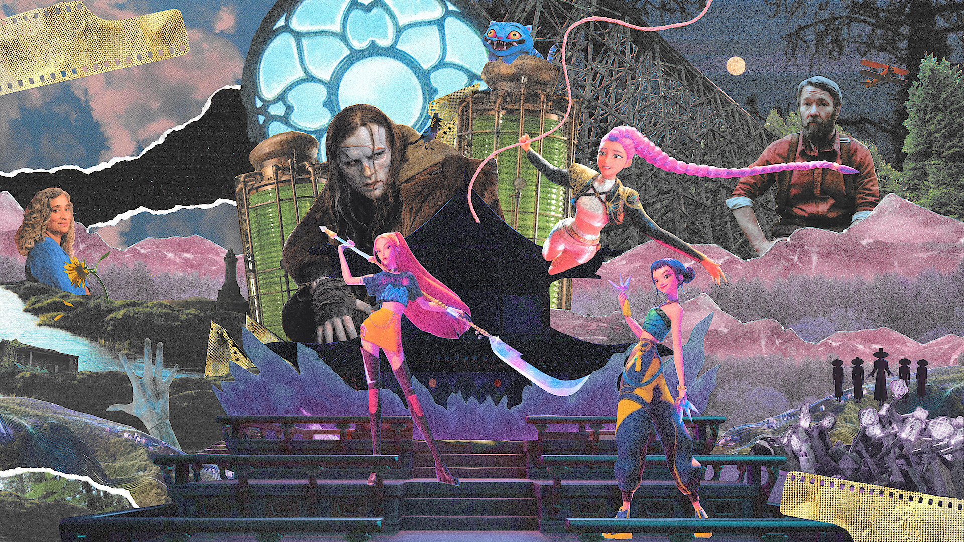 A photo collage of Netflix 2026 Oscar Nominees including Jacob Elordi from Frankenstein, KPop Demon Hunters, Train Dreams, and Geeta Gandbhir, director of documentary The Perfect neighbor.