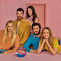 A photograph of the cast of Nobody Wants This, including Kristen Bell, Adam Brody, Justine Lupe, Timothy Simons, and Jackie Tohn.