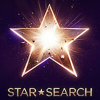 Glowing gold star with radiant burst effect on a dark background, accompanied by the words "Star Search" in bright, modern font for a talent show or entertainment theme.