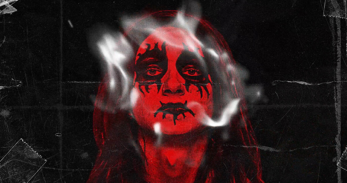 A red, white and black image of Hunter in corpse paint from the film 'Metal Lords' Thumbnail image