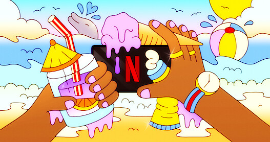 Illustration of a user watching Netflix on their smartphone, surrounded by summery iconography