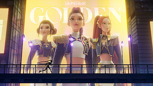 Three animated women in stylish uniforms pose confidently on a bright billboard in a cityscape at night, while a person runs across a bridge in the foreground. The environment features modern urban elements and glowing lights.