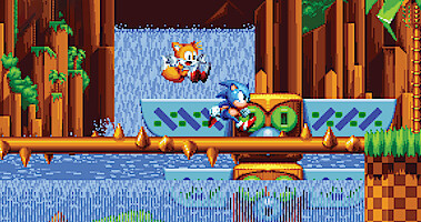 Sonic the hedgehog and fox game character running with a waterfall in the background.