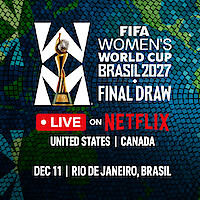 FIFA Women’s World Cup Brasil 2027 Final Draw announcement, trophy image, event live on Netflix for US and Canada, December 11 in Rio de Janeiro, Brazil, with colorful mosaic background.