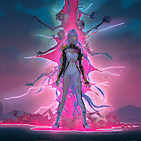Rumi from 'KPop Demon Hunters' stands confidently in a glowing, surreal landscape; abstract, multi-armed and multi-faced spirit or energy form rises dramatically behind her, with neon light effects and mountains in the background.