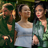 Three people in different settings: a man holding a gun in a tense outdoor scene, a woman in a blue period dress outdoors, and a woman in a green outfit indoors, all separated by black diagonal lines.