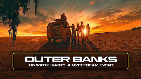 Group of people standing by a van with surfboards on a beach at sunset, promotional image for Outer Banks S5 Watch Party livestream event.
