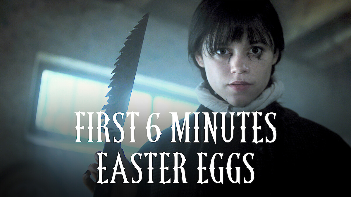 Wandinha Addams (Jenna Ortega) segurando uma faca com o título “Easter eggs dos primeiros 6 minutos”
