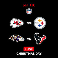 NFL on Netflix with four team logos including Kansas City Chiefs, Philadelphia Steelers, Baltimore Ravens and Houston Texans