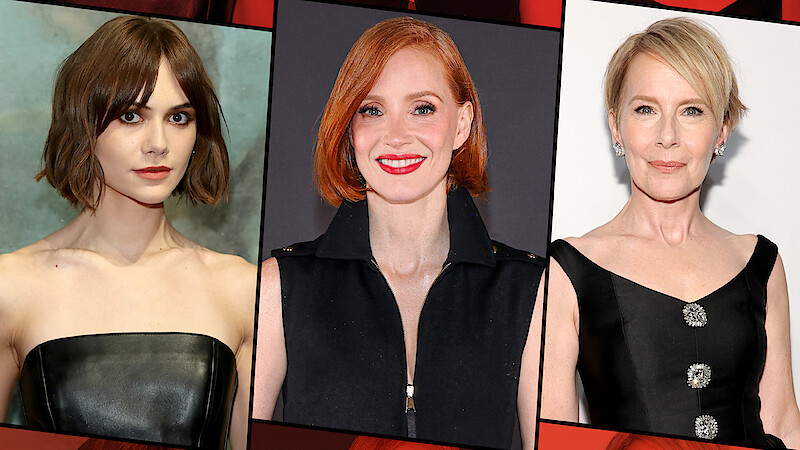 Three women posed for portraits in different settings: one in a leather top and muted background, one in a black dress on a dark backdrop, and one in a black outfit with buttons on a white background.