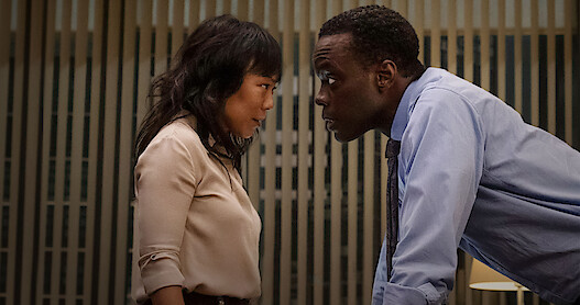 Ali Ahn as Eidra Park and Ato Essandoh as Stuart Heyford in The Diplomat Season 1.