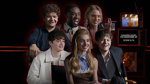 Gaten Matarazzo, Caleb McLaughlin, Jamie Campbell Bower, Noah Schnapp, Natalia Dyer, and Charlie Heaton behind the scenes of 'Stranger Things 5' 