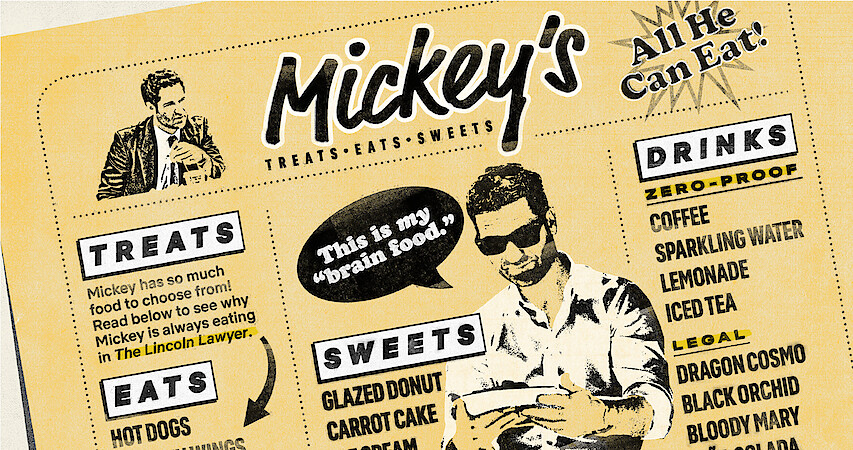 An illustration that looks like an old fashioned diner menu featuring things that Mickey Haller likes to eat