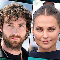 Close-up portraits of a man with curly hair and beard and a woman with dark hair in an updo, both facing forward, with a soft outdoor background and split diagonal framing.