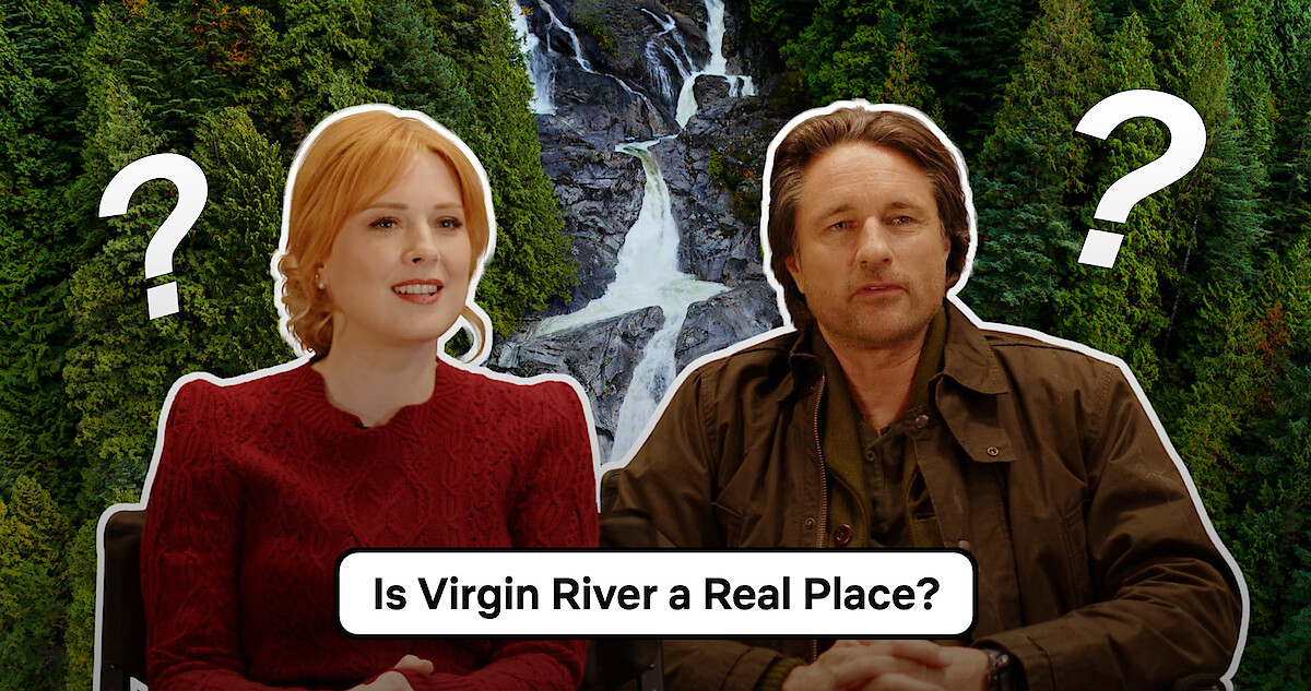 Alexandra Breckenridge (Melinda Monroe) and Martin Henderson (Jack Sherian) in front of a scenic waterfall with question marks around their heads.