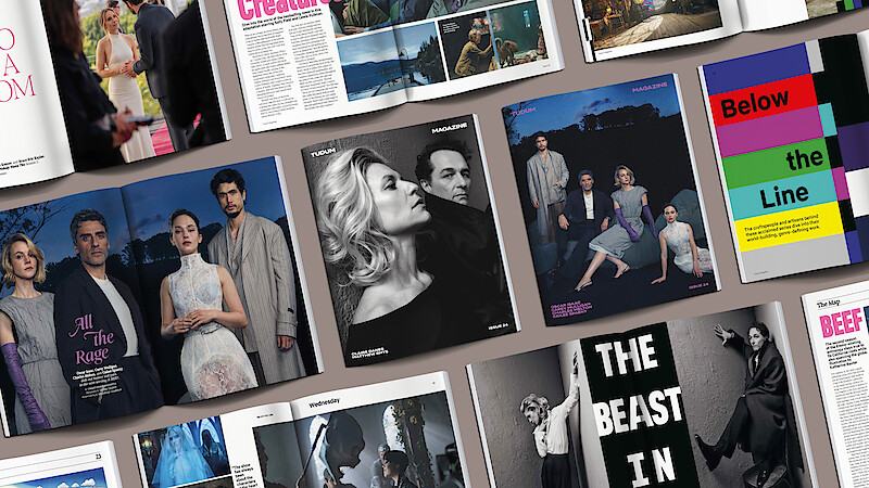 Various magazine spreads laid out on a flat surface, featuring group and portrait photos of people in formal attire, colorful graphics, dramatic lighting, and bold text headlines in editorial settings.
