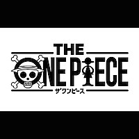 Black and white One Piece logo with a cartoon skull wearing a hat, crossbones, stylized text, Luffy silhouette as letter I, and Japanese characters below, all on a white background.