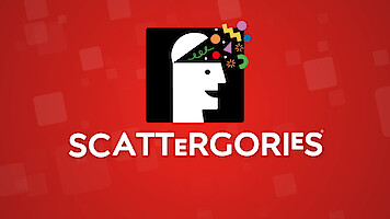 Scattergories game logo on a red background with a stylized head silhouette, colorful shapes around its head, and the word SCATTERGORIES in bold white letters below.