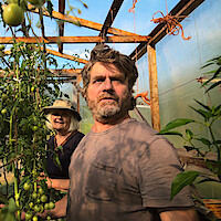 A man and a woman in a greenhouse