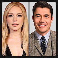 Split-screen portrait showing a blonde woman in a low-cut black top on the left and a man with dark hair in a plaid suit and tie on the right, both posing against a plain gray background.