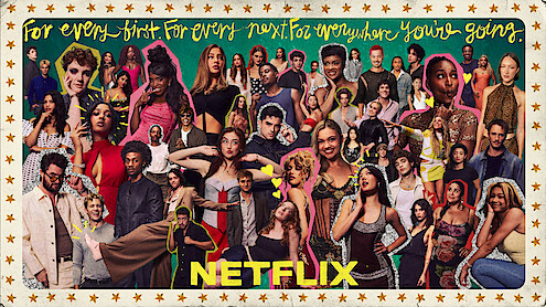 Collage of diverse actors and characters in colorful outfits on a decorated background with gold stars, handwritten text, and the NETFLIX logo, representing variety and inclusivity in entertainment options.