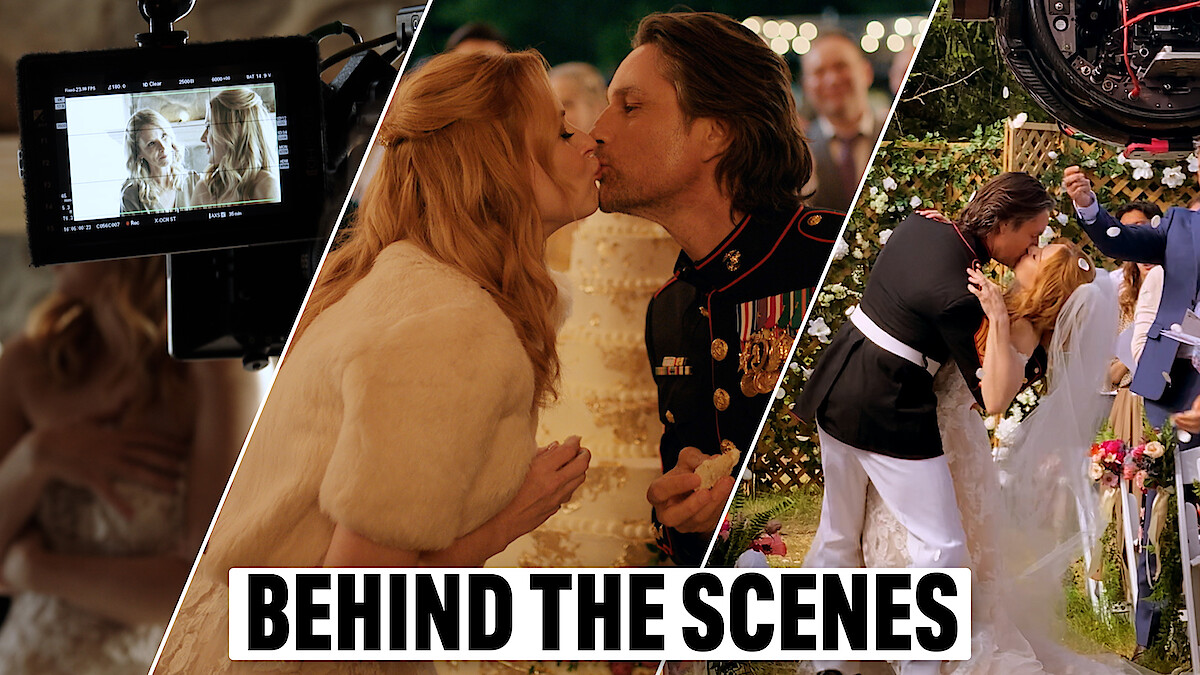 From left to right, a triptych of a camera monitor filming Jenny Cooper and Alexandra Breckenridge on set, Jack and Mel kissing in front of their wedding cake, and Jack and Mel embracing after the ceremony.