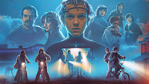 Group of kids on bikes with flashlights at night, central figure wearing a head device, surrounded by adult and teen characters in a mysterious, retro, sci-fi setting with blue and red lighting.
