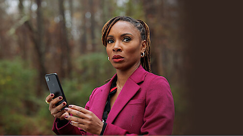Shanola Hampton as Gabi Mosely searches for clues in the woods in ‘Found.’