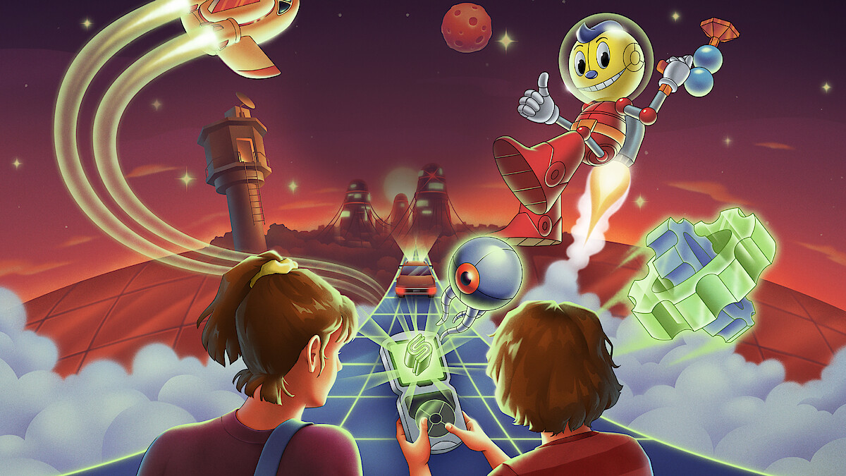 Two kids hold a handheld console as a futuristic world emerges from it. A robot hero, Kid Cosmo, flies with a jetpack, surrounded by a glowing grid, floating gears, and alien technology in space.