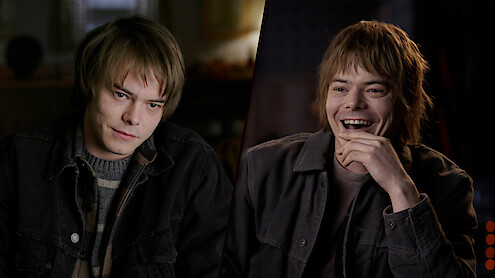 Charlie Heaton with shaggy hair at two ages: younger and serious on the left in casual layers, older and more relaxed on the right under softer studio lighting.