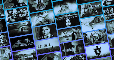 A collage featuring the key art for different murder mysteries on Netflix