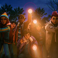 Animated group of kids in outdoor night setting, wearing jackets and hats, holding flashlights and looking ahead with concerned expressions, surrounded by trees under a dark blue sky.