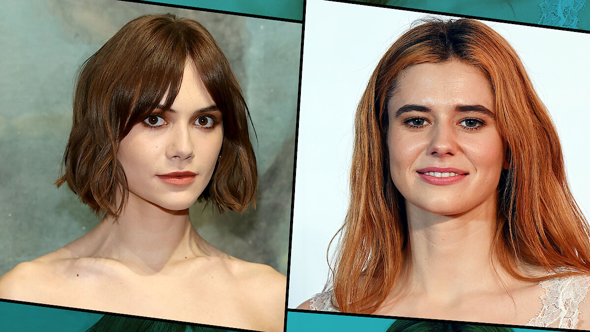 Two women are shown in separate portrait photos; the left has short brown hair against a textured backdrop, and the right has long light brown hair with a white background. Both are looking at the camera in formal poses.