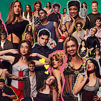 Collage of young adults and teens posing and expressing various emotions, set against a colorful, artistic background. The group is dressed in trendy, modern outfits, suggesting a vibrant, lively, and youthful environment.