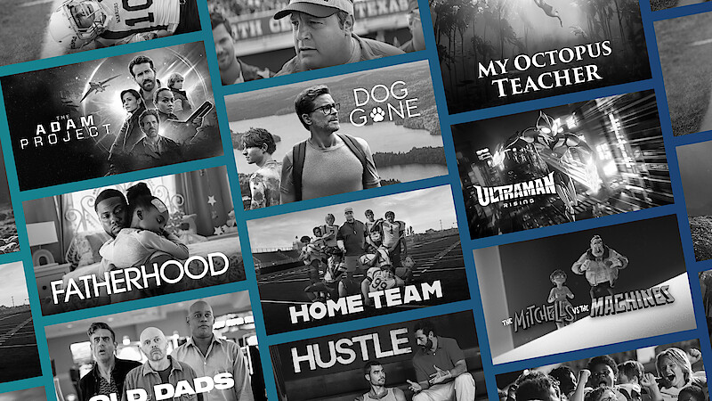 A grid of father's day movies including Dog Gone, Fatherhood, The Adam Project, and more.