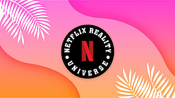 Graphic with wavy lines in pink and orange with Netflix Reality Universe logo in the center.