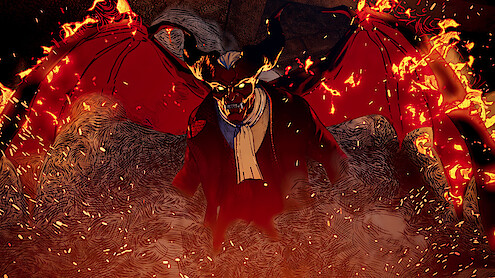 Animated still of a demonic creature spreading its wings in Season 4 of 'Love, Death, + Robots'