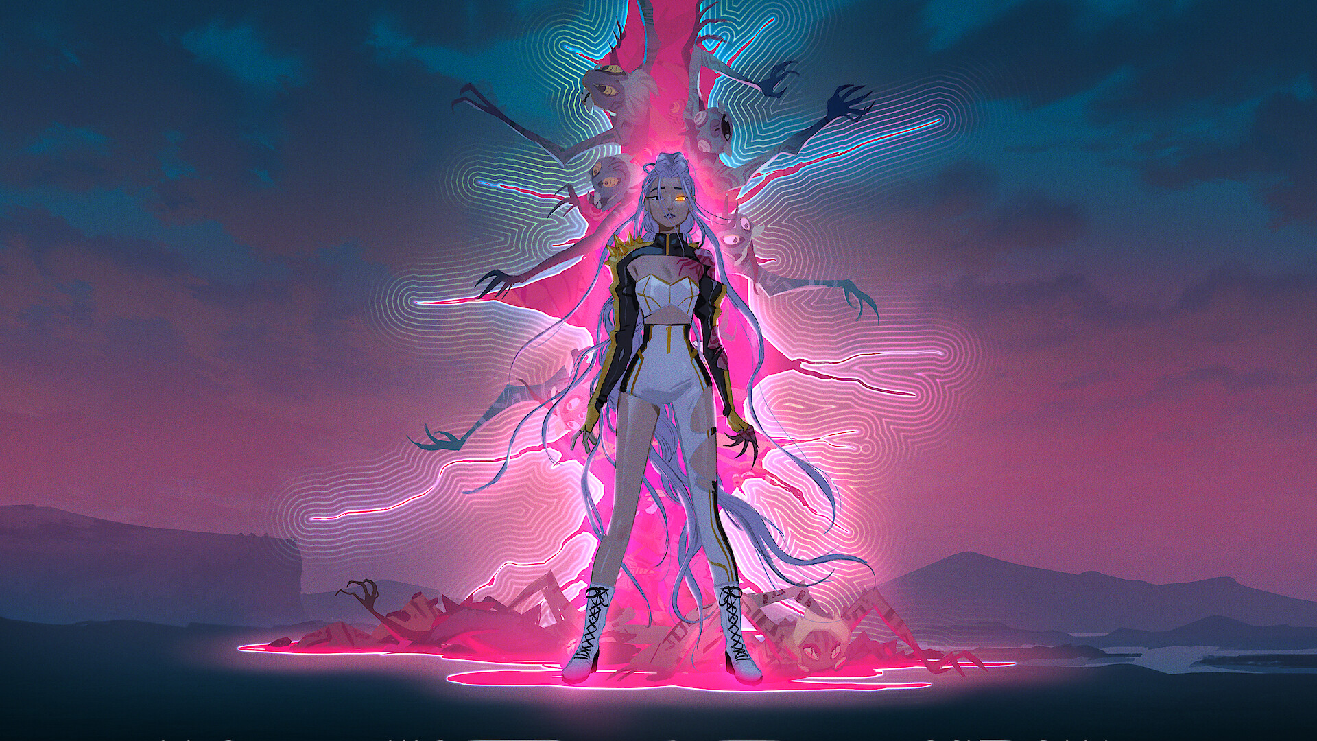 Rumi from 'KPop Demon Hunters' stands in glowing pink aura, backed by abstract figure with many arms, in a surreal, mountainous twilight landscape.