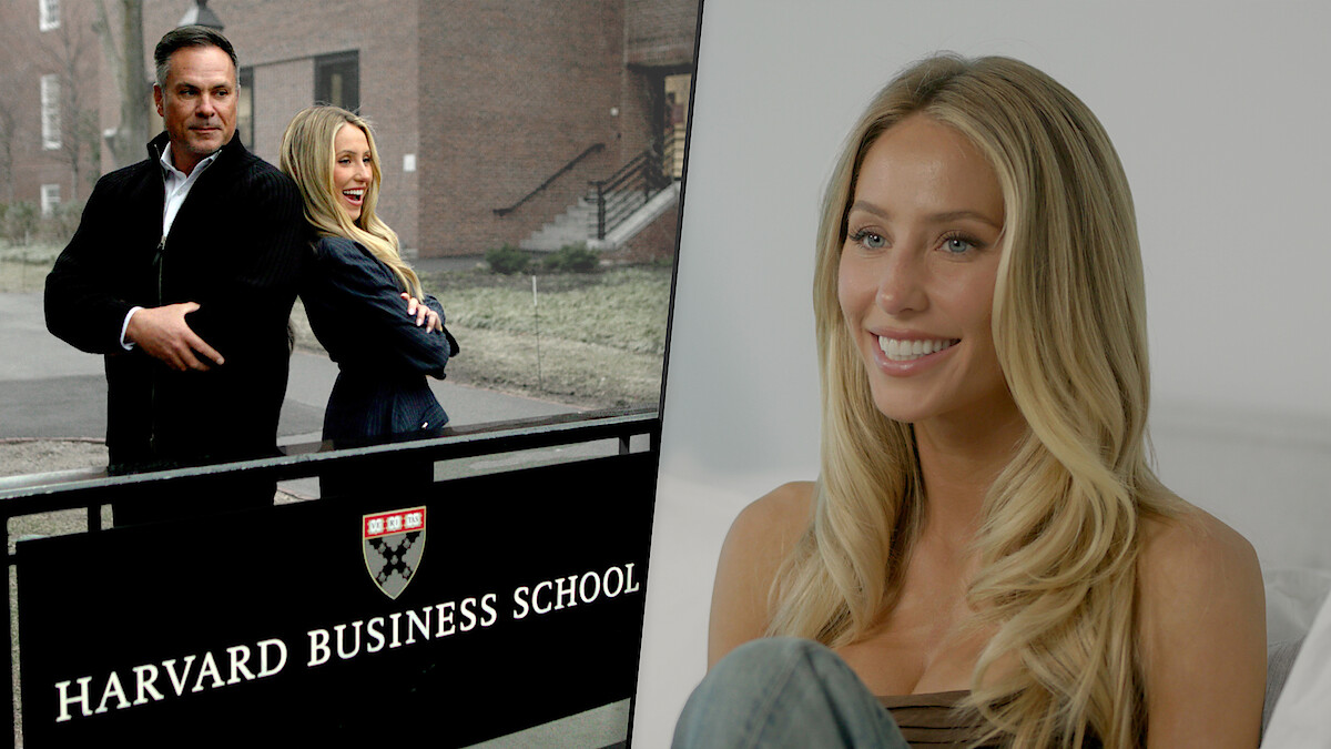 Alix Earle and Thomas “TJ” Earle infront of Harvard Business School logo with still of Alix Earle solo.