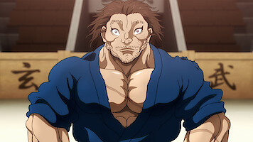 A heavily muscled and calm samurai Musashi Miyamoto standing in a fighting arena.