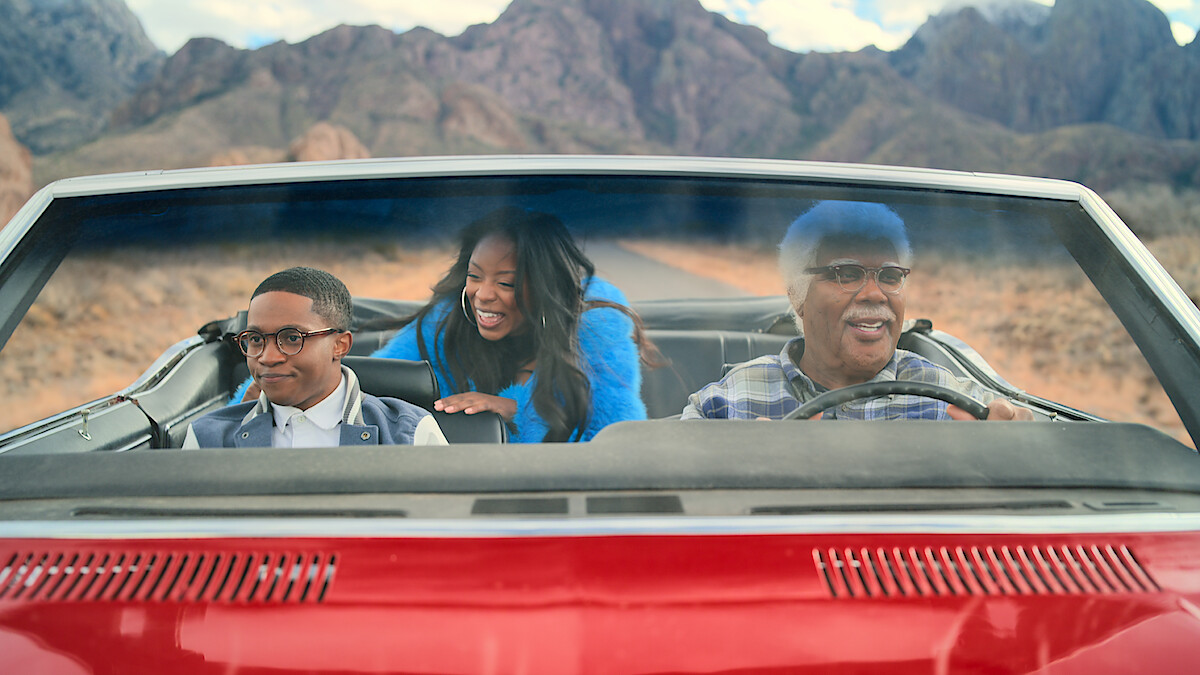 Joe’s College Road Trip. (L-R) Jermaine Harris as B.J., Amber Reign as Destiny and Tyler Perry as Joe in Joe’s College Road Trip. Cr. Perry Well Films 2/Courtesy Netflix