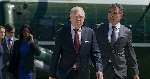 Keri Russell as Kate Wyler, Nana Mensah as Billie Appiah, Michael McKean as William Rayburn and Rufus Sewell as Hal Wyler in The Diplomat Season 1. 