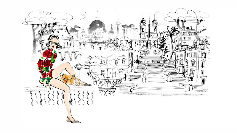 An illustration of Emily Cooper sitting on a carved stone ledge with the streets of Rome behind her, wearing the fabulous floral short and blouse set and fake Fendi Baguette purse that the marketing maven wore to meet the team at Fendi in Season 3 of Emily in Paris.