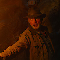 Man in brown jacket and fedora hat stands in a dimly lit cave or underground tunnel, illuminated by warm orange light, looking alert and cautious while reaching out with his arm.