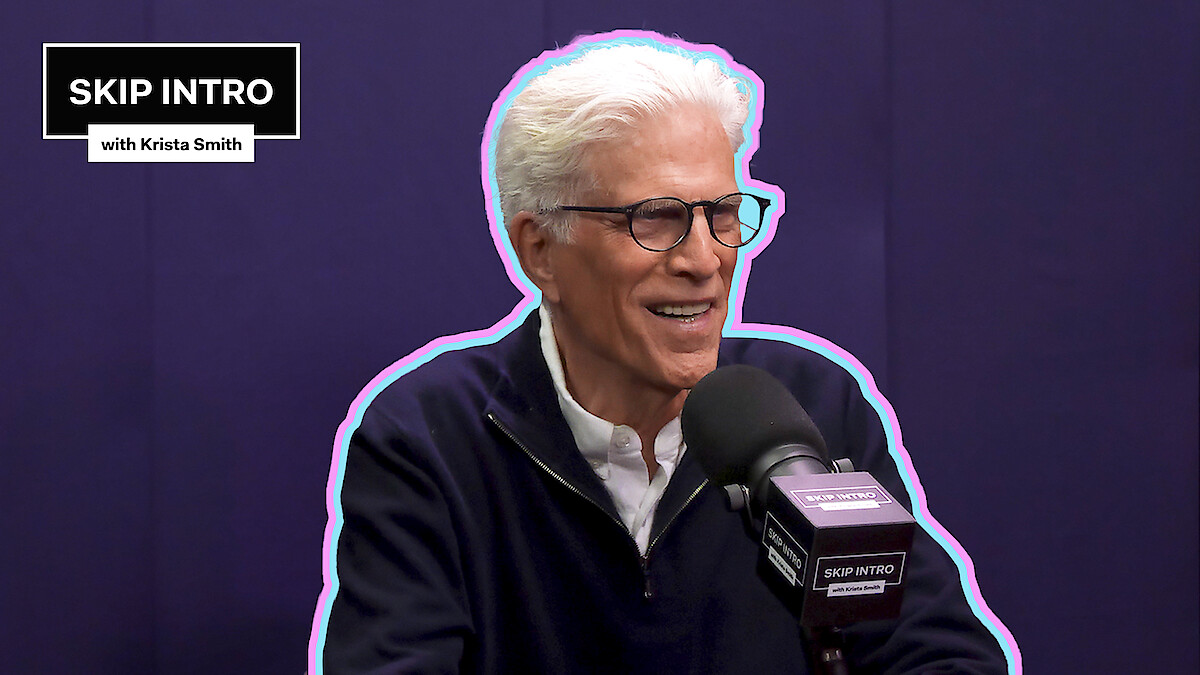 Ted Danson, smiling in front of a microphone labeled "SKIP INTRO." The background is deep purple with a purple outline around him.